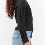 7115 by Szeki Yak Ribbed Long Sleeve Wool Fitted Top in Charcoal Black