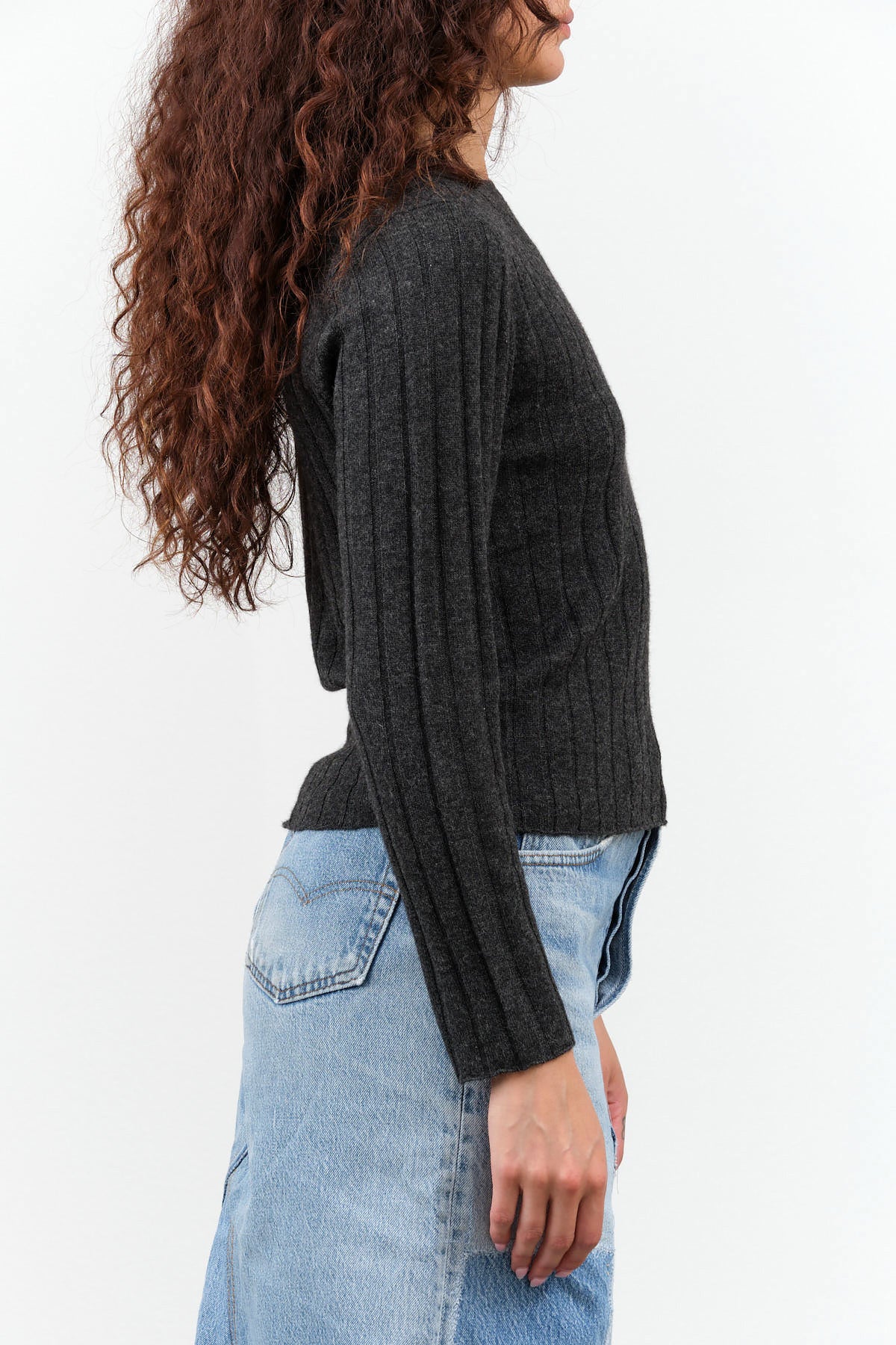 7115 by Szeki Yak Ribbed Long Sleeve Wool Fitted Top in Charcoal Black