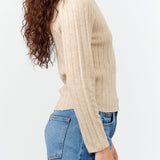 7115 by Szeki Yak Wool Ribbed Long Sleeve Fitted Top in Desert Sand Tan