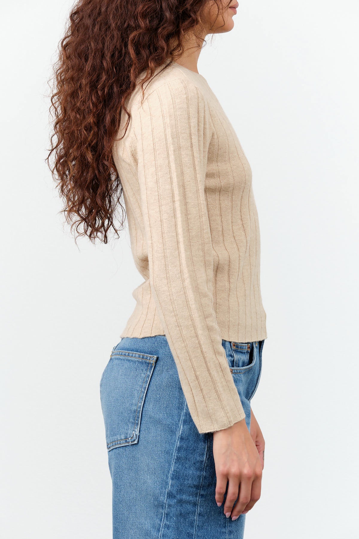 7115 by Szeki Yak Wool Ribbed Long Sleeve Fitted Top in Desert Sand Tan