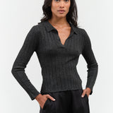 7115 by Szeki Yak V-Neck Long Sleeve Top in Charcoal