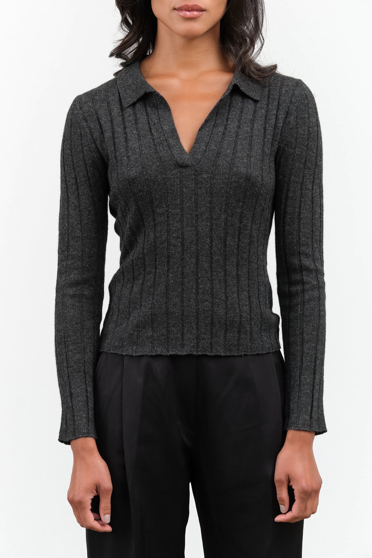 Yak V-Neck Long Sleeve Top by 7115 by Szeki in Charcoal