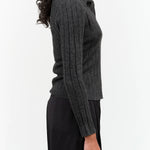 7115 by Szeki Brand Yak V-Neck Wool Layer Long Sleeve Top in Charcoal Black