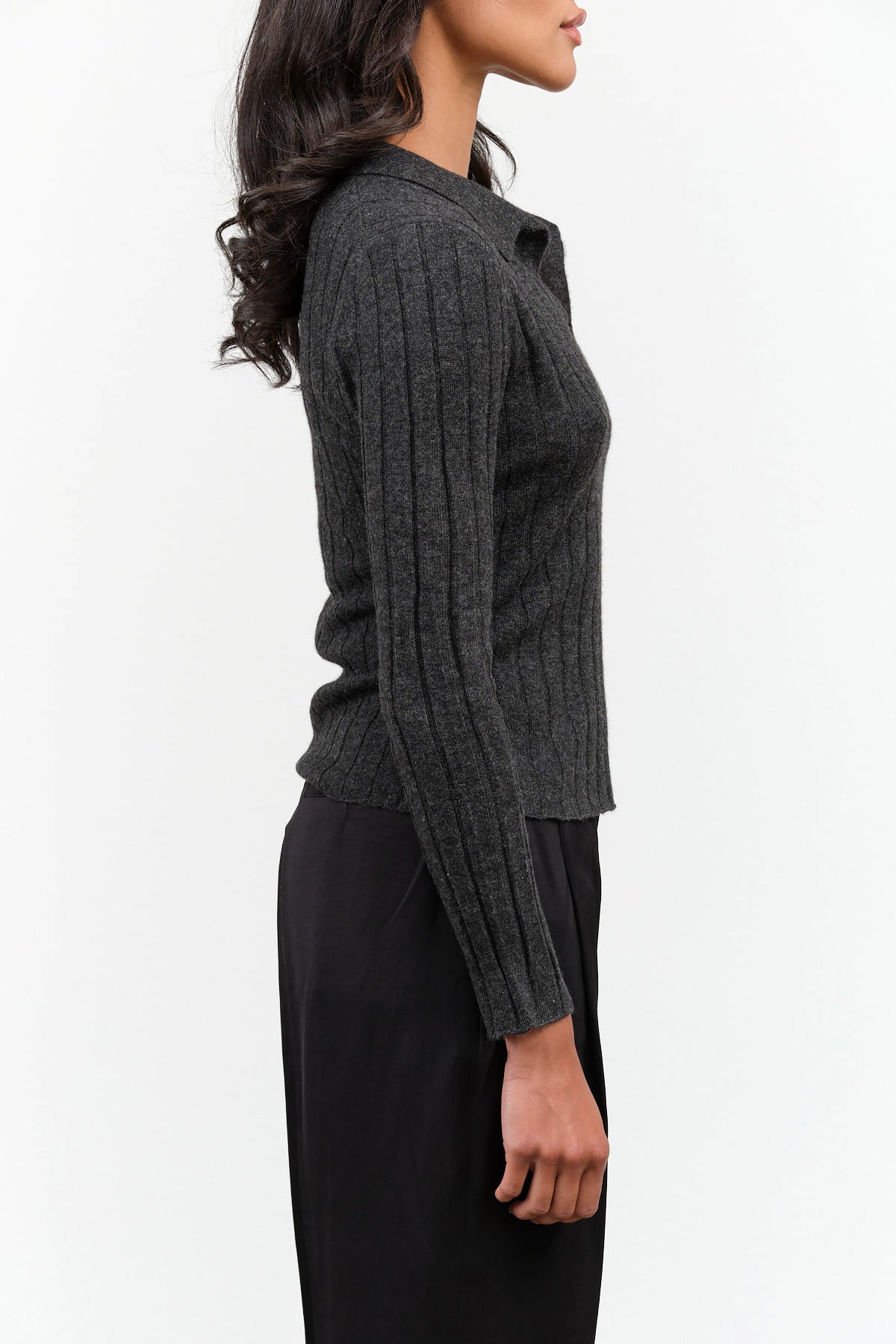 7115 by Szeki Brand Yak V-Neck Wool Layer Long Sleeve Top in Charcoal Black