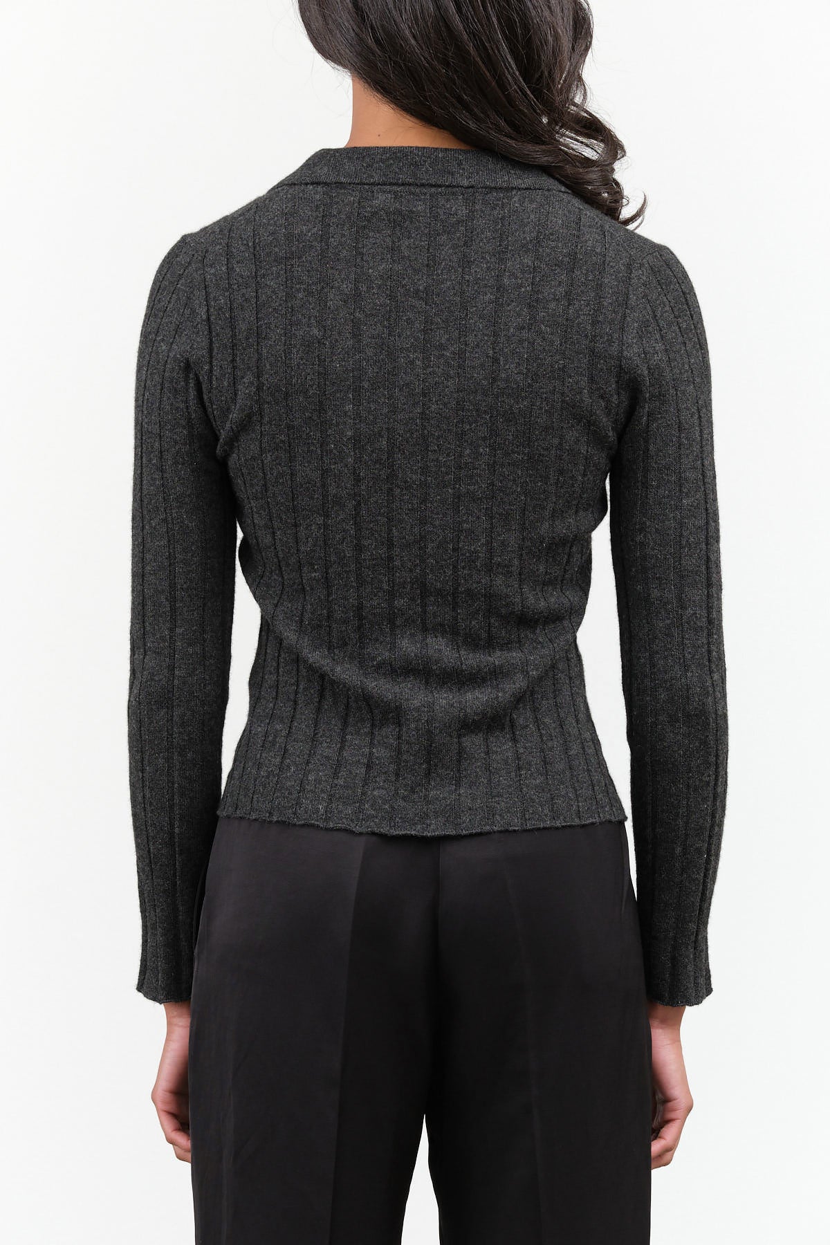 Charcoal Black Grey Collared Yak Wool V-Neck Long Sleeve Layer Top by 7115 by Szeki