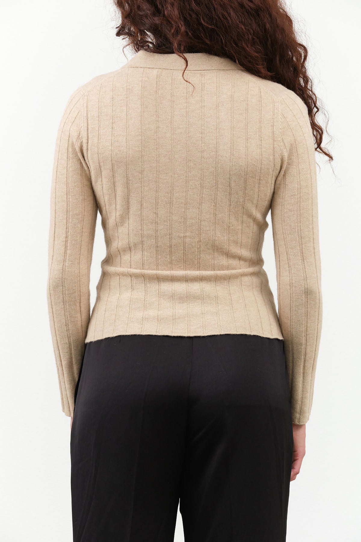 7115 by Szeki Brand Yak V-Neck Long Sleeve Wool Layer Top with Collar in Desert Sand Tan