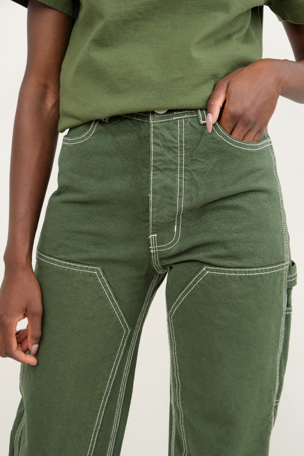 Front detailing on Patchfront Handy Pant in Olive/Natural Stitch