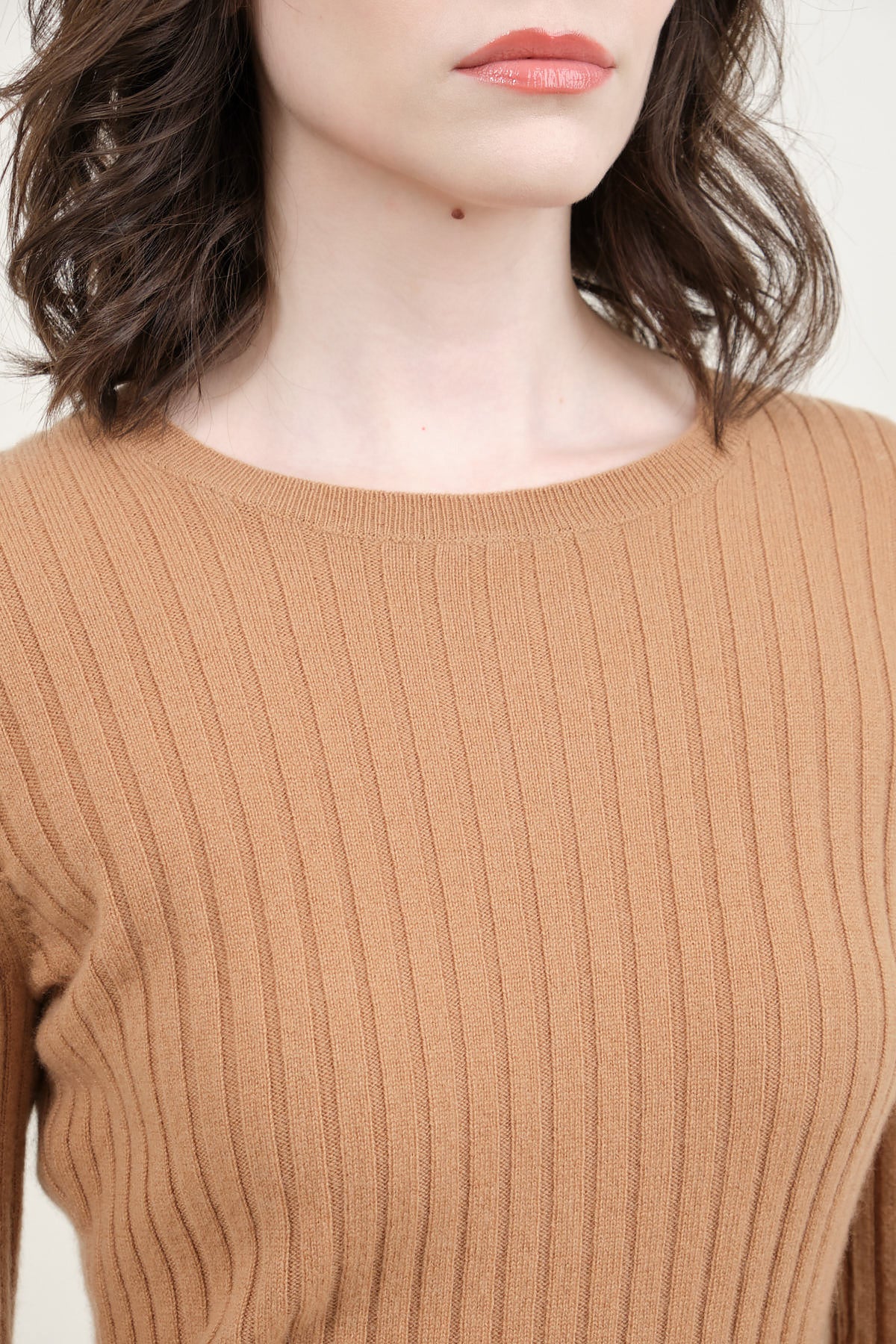 Neckline on Ribbed Sweater in Camel