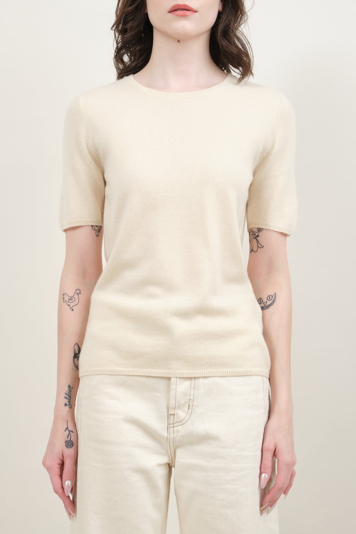 Front of Short Sleeve Sweater in Cream