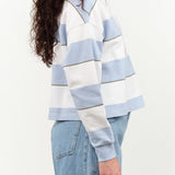 Amo Denim Designer Brand Crop Annie Rugby Polo Top in Sky Blue Stripes