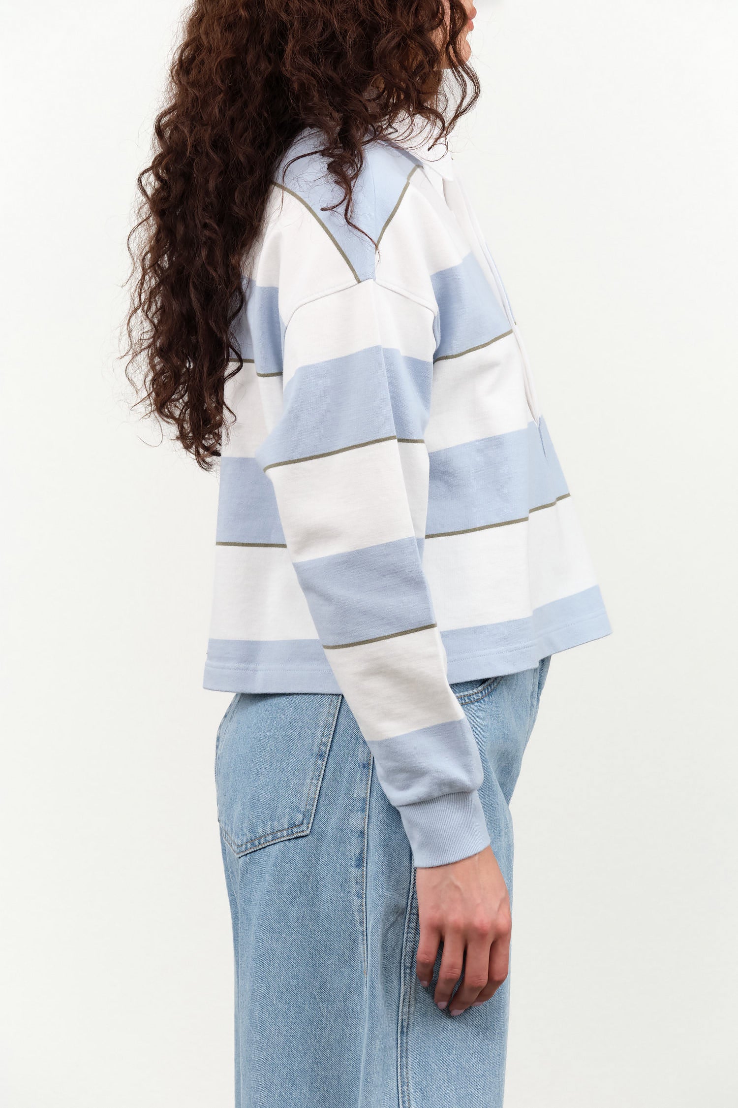 Amo Denim Designer Brand Crop Annie Rugby Polo Top in Sky Blue Stripes