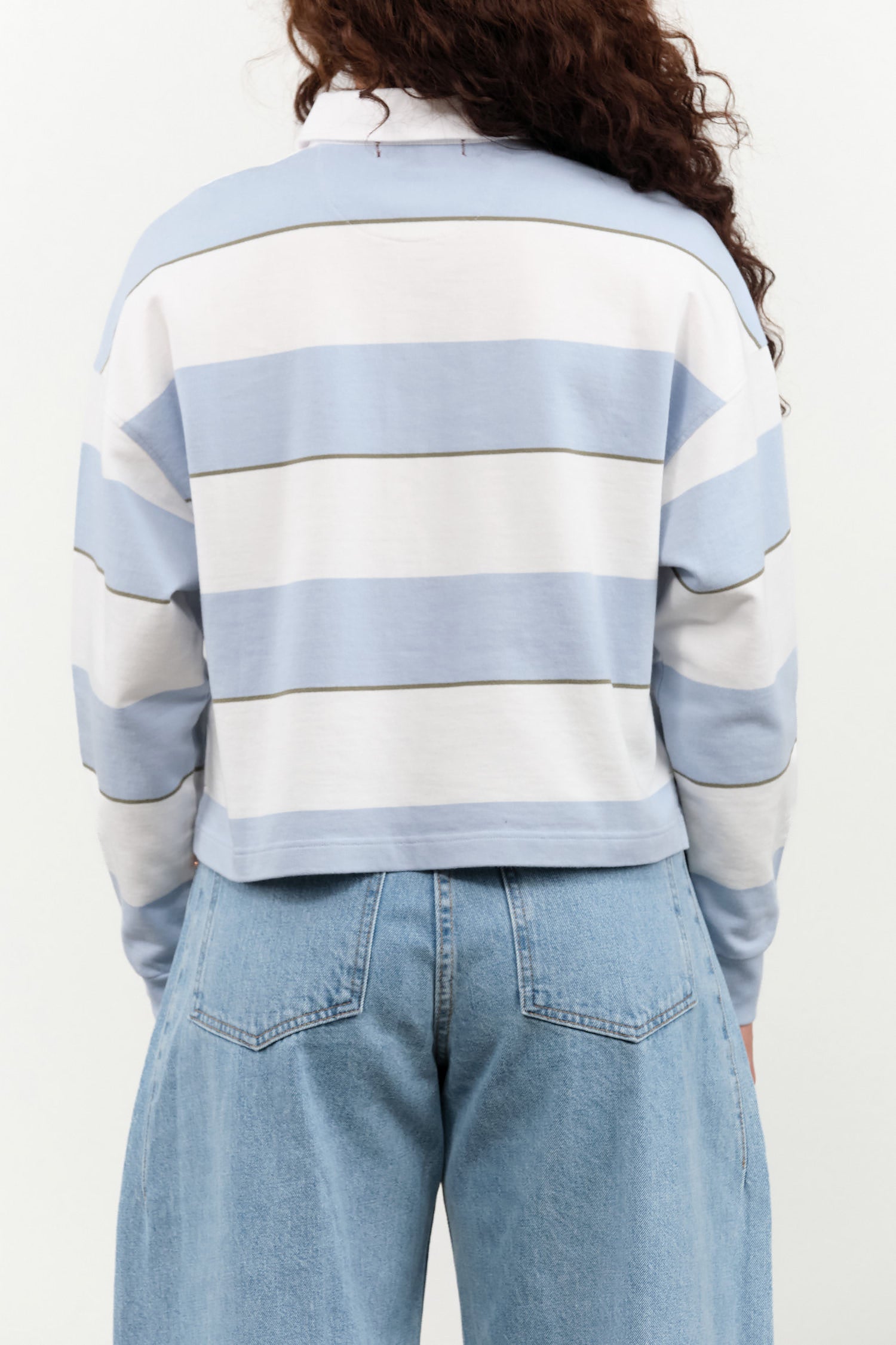 Crop Annie Rugby Polo Top in Sky Blue Stripes by Amo Denim Designer Brand