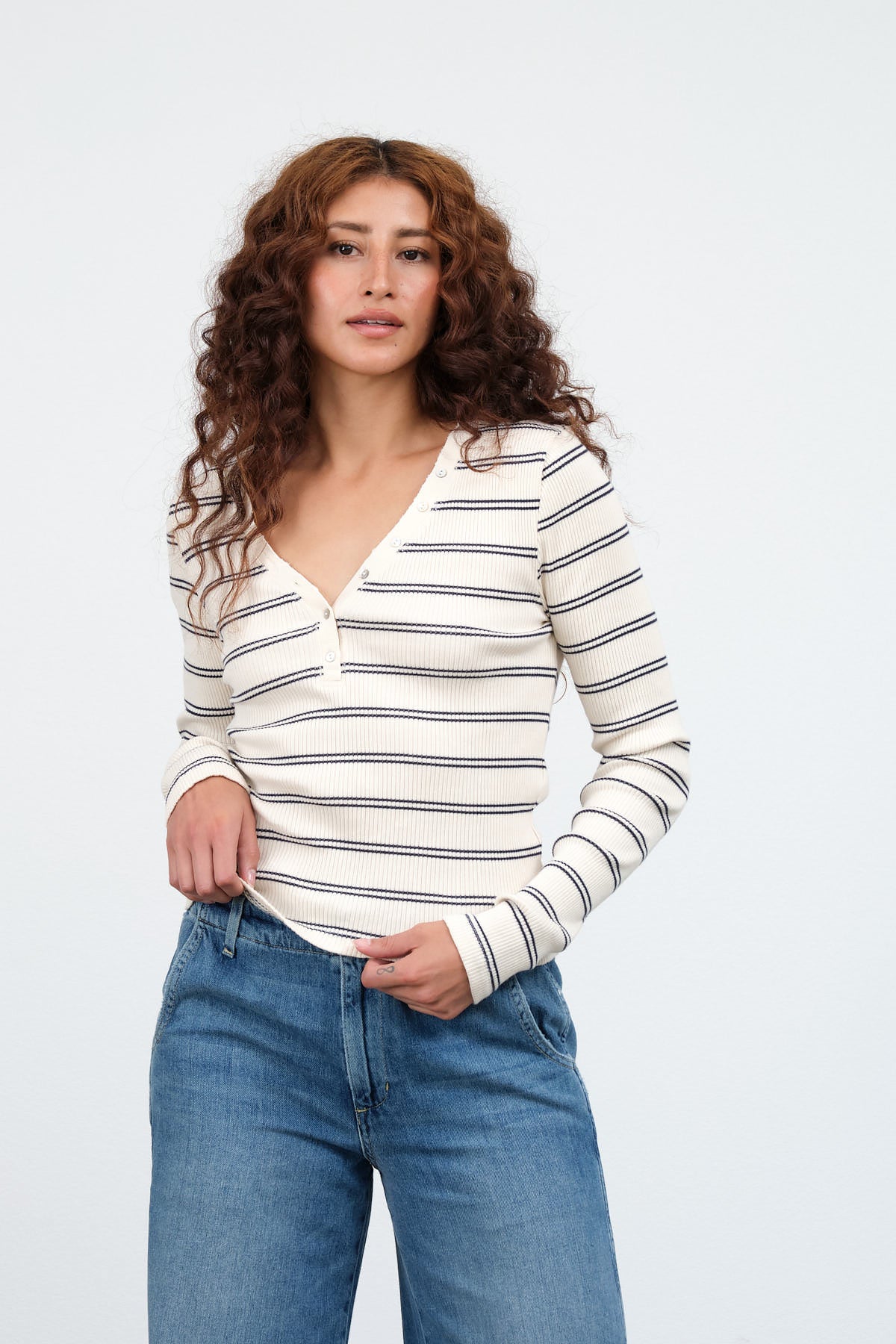 Amo Denim Dearest Henley in Neptune and Bone Stripes