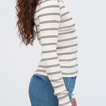 Amo Denim Designer Brand Long Sleeve Ribbed Dearest Henley in Neptune Blue and Bone White Stripes