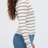 Amo Denim Designer Brand Long Sleeve Ribbed Dearest Henley in Neptune Blue and Bone White Stripes