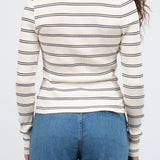 Fitted Long Sleeve Ribbed Dearest Henley in Neptune Blue and Bone White Stripes by Amo Denim Designer Brand