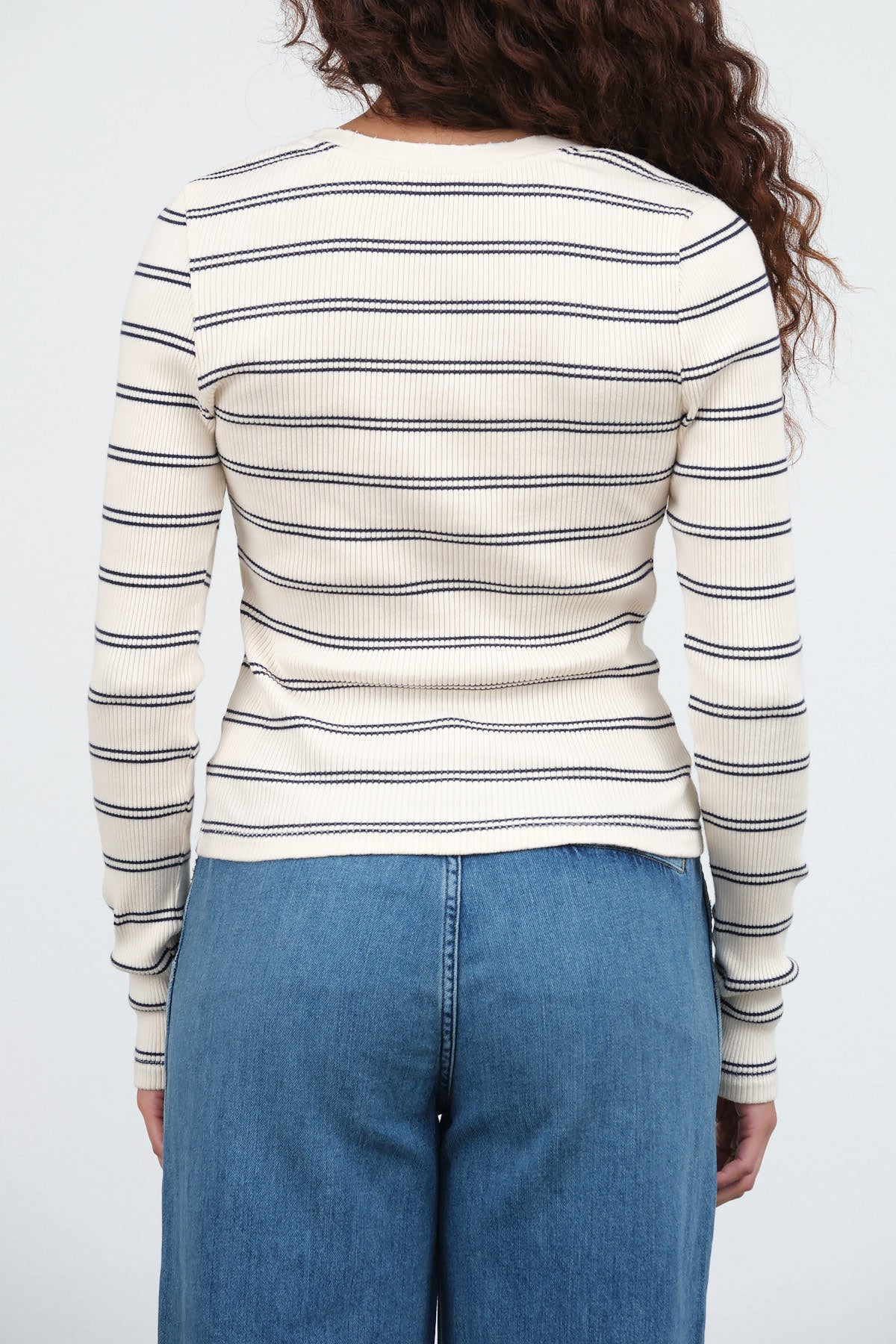 Fitted Long Sleeve Ribbed Dearest Henley in Neptune Blue and Bone White Stripes by Amo Denim Designer Brand