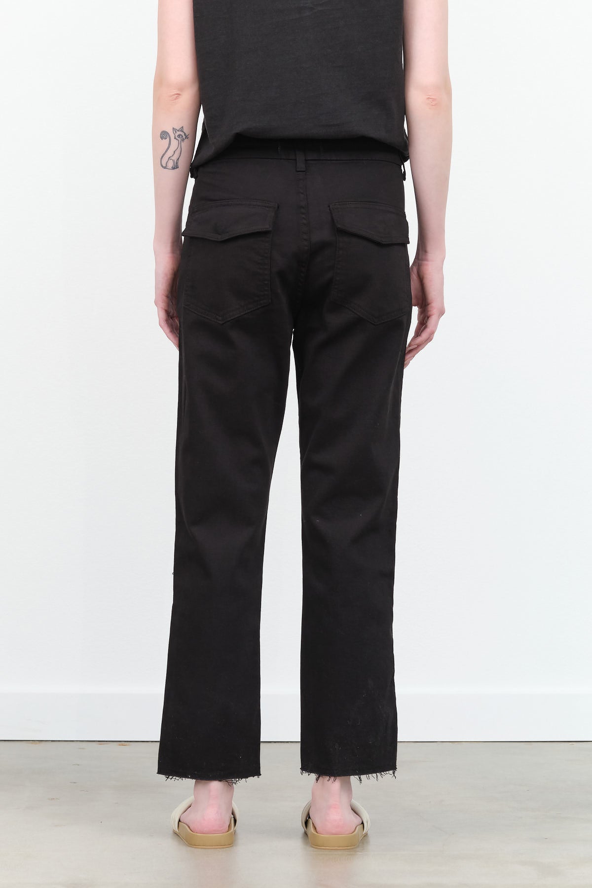 Amo Denim Designer Brand Easy Army Straight Leg Pant Trouser in Black with Pockets and Zipper