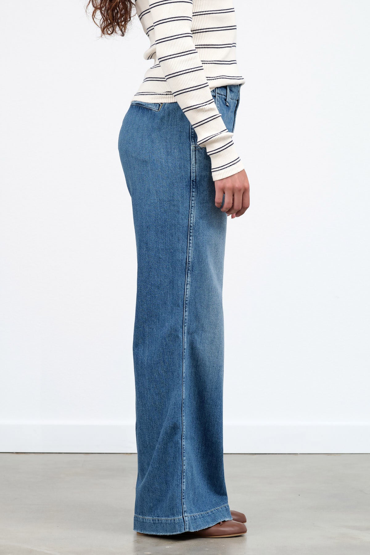 Amo Denim Designer Brand High Waisted Edith Wide Leg Trouser Jean in Romance Blue