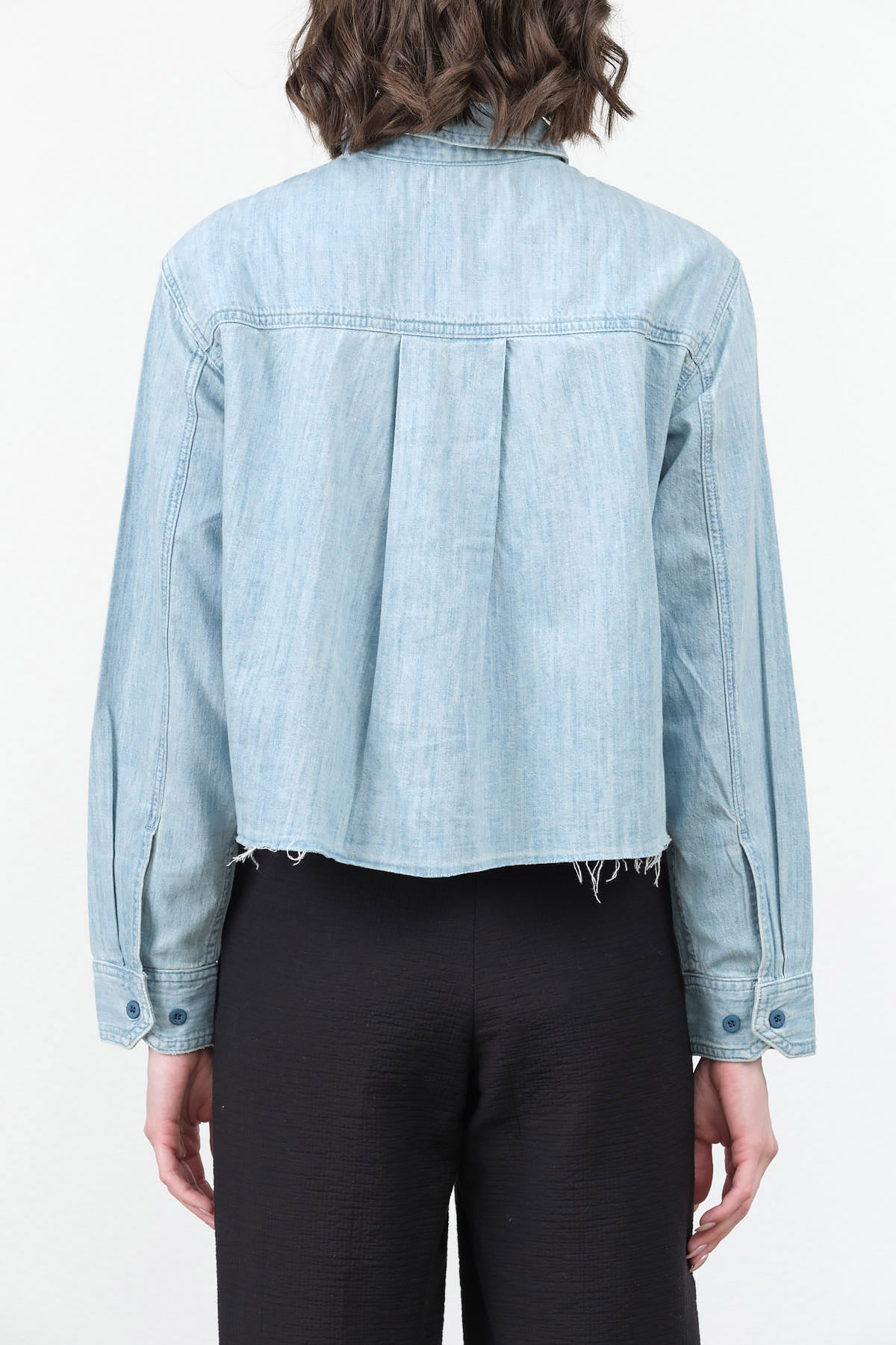 Long Sleeve Ida Crop Shirt in Light Blue Scorcher Classic Button Up Denim Shirt by Amo Denim