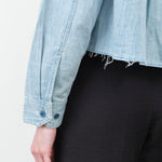 Amo Denim Ida Crop Shirt in Light Blue Scorcher Classic Button Up Denim Shirt with Raw Edge Hem