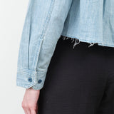 Amo Denim Ida Crop Shirt in Light Blue Scorcher Classic Button Up Denim Shirt with Raw Edge Hem