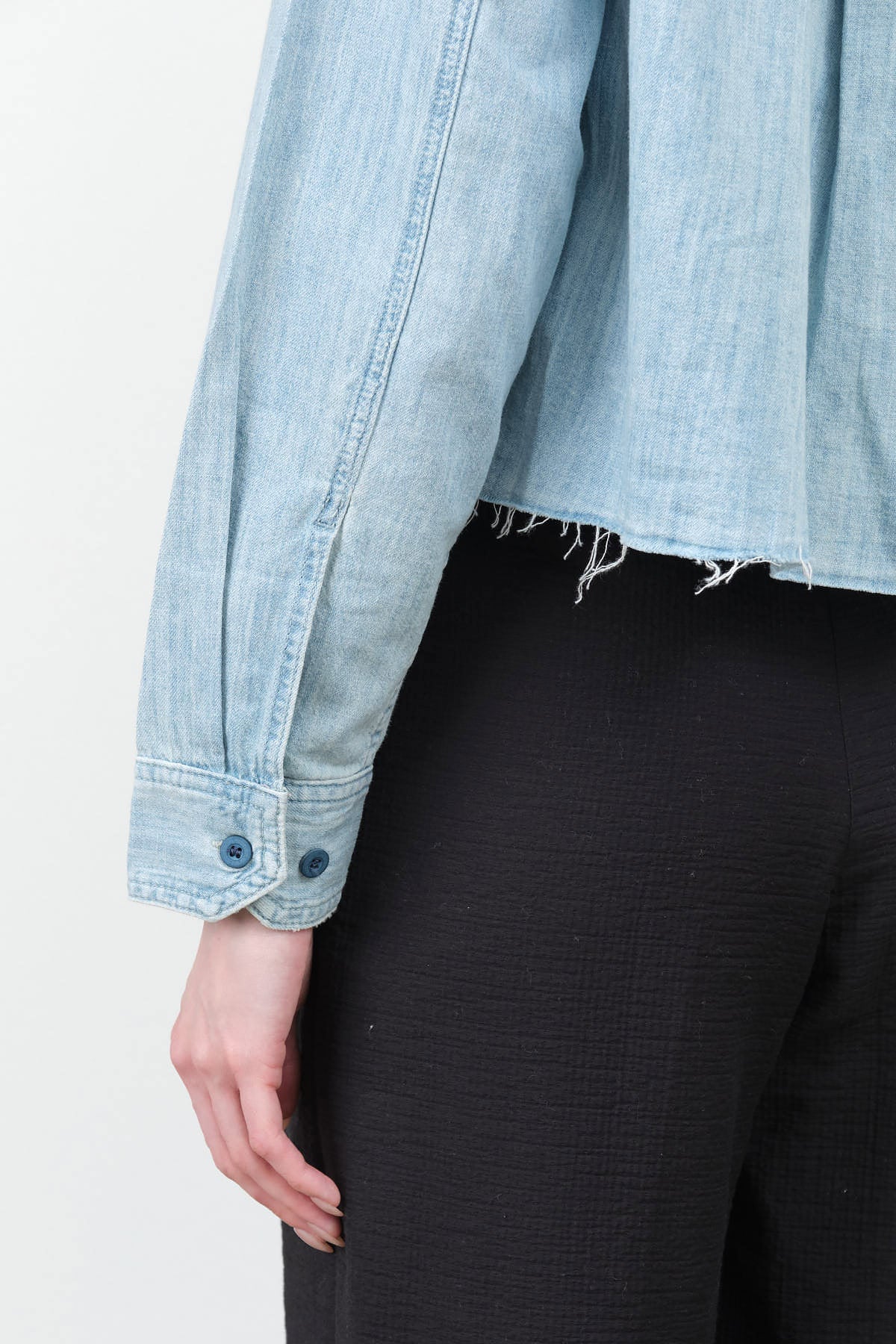 Amo Denim Ida Crop Shirt in Light Blue Scorcher Classic Button Up Denim Shirt with Raw Edge Hem