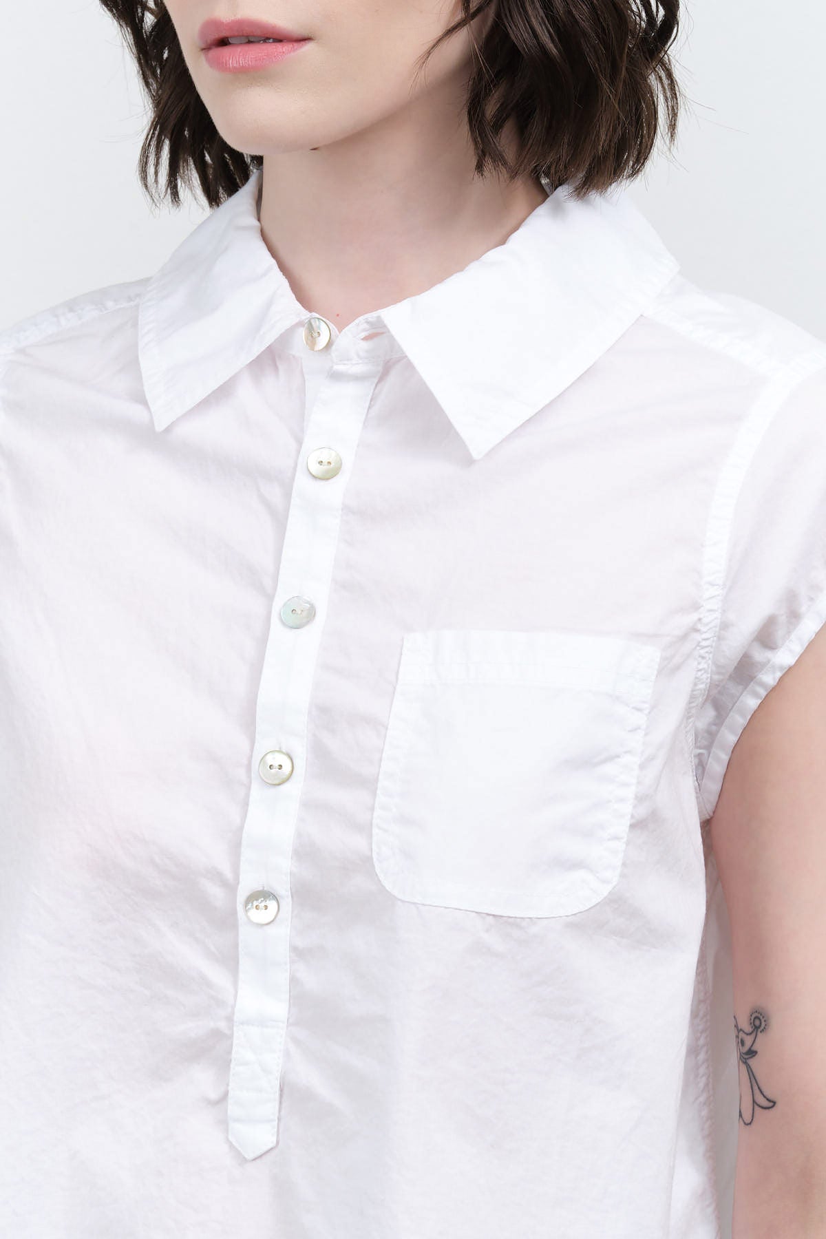 White Short Sleeve Jacquiline Shirt with Buttons and Chest Pocket by Amo Denim