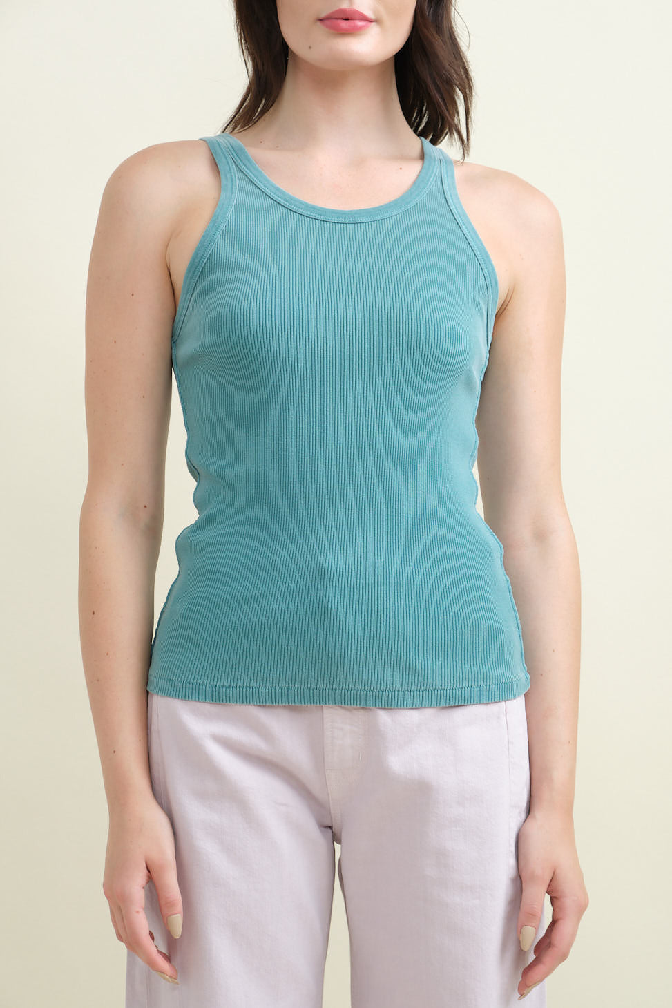 Front of Long Rib Tank in Teal
