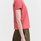 Amo Denim Designer Brand Cotton Short Sleeve Love Tee in Cherry/Natural Red and White Stripes