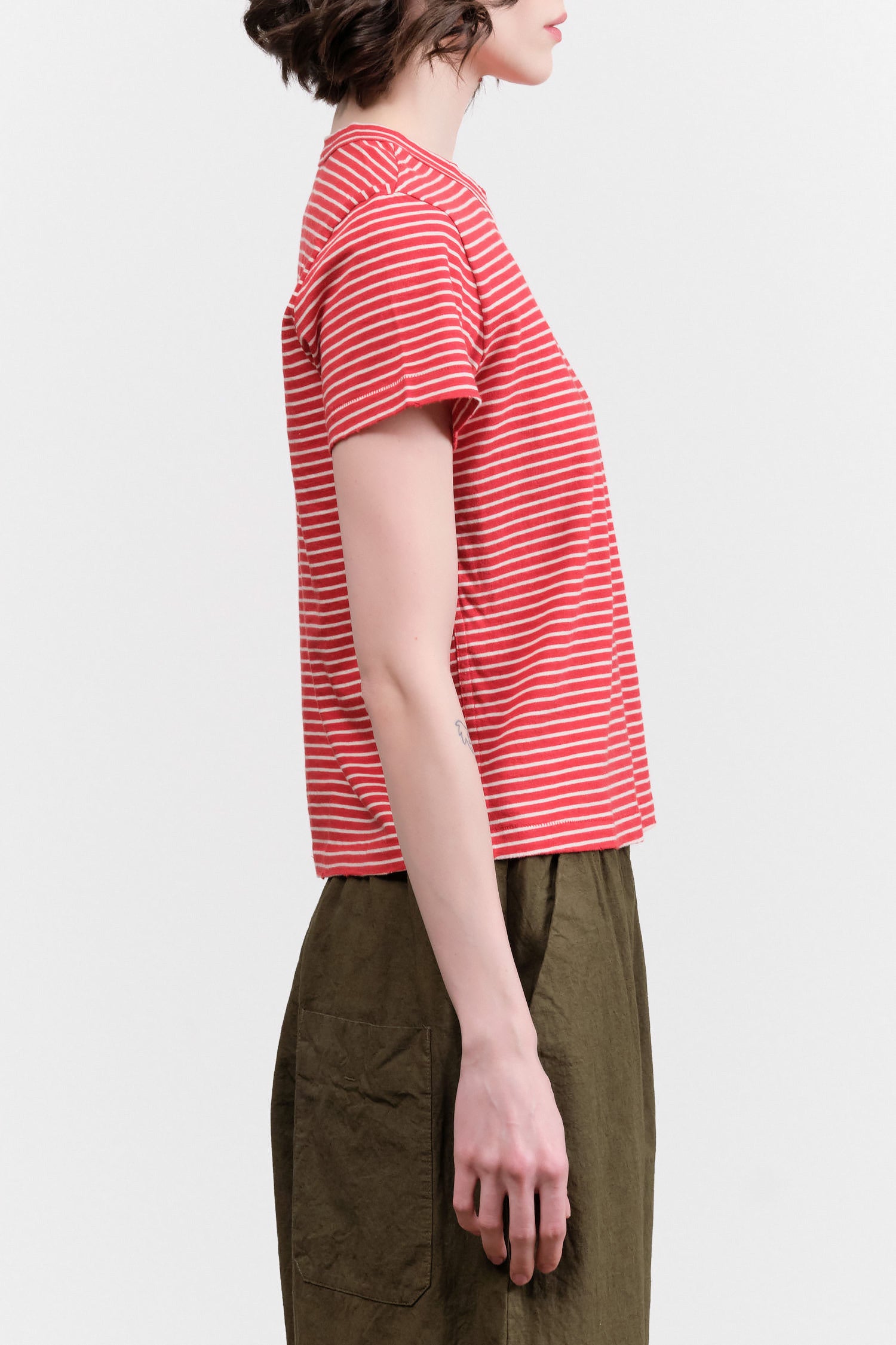 Amo Denim Designer Brand Cotton Short Sleeve Love Tee in Cherry/Natural Red and White Stripes