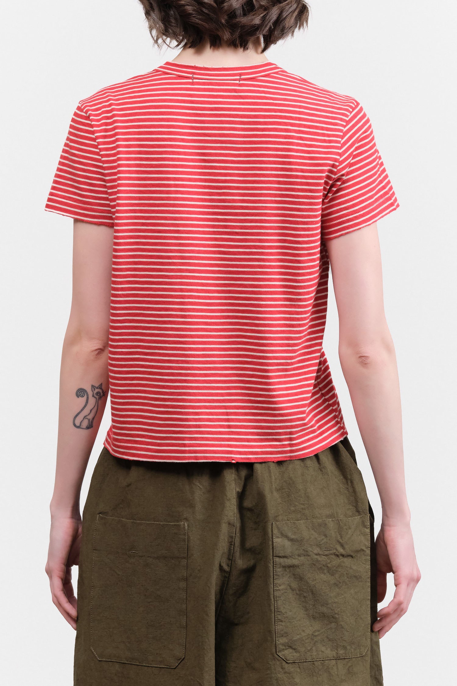 Cotton Short Sleeve Love Tee in Cherry/Natural Red and White Stripes by Amo Denim Designer Brand 