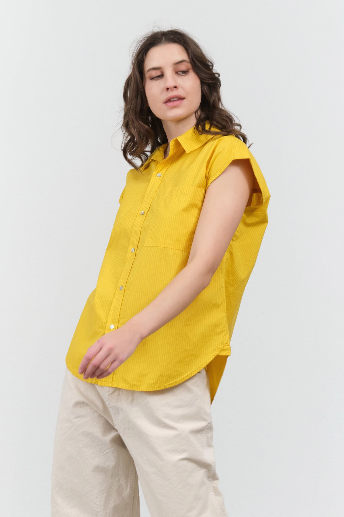 Styled view of Ruth Sleeveless Shirt in Lemon