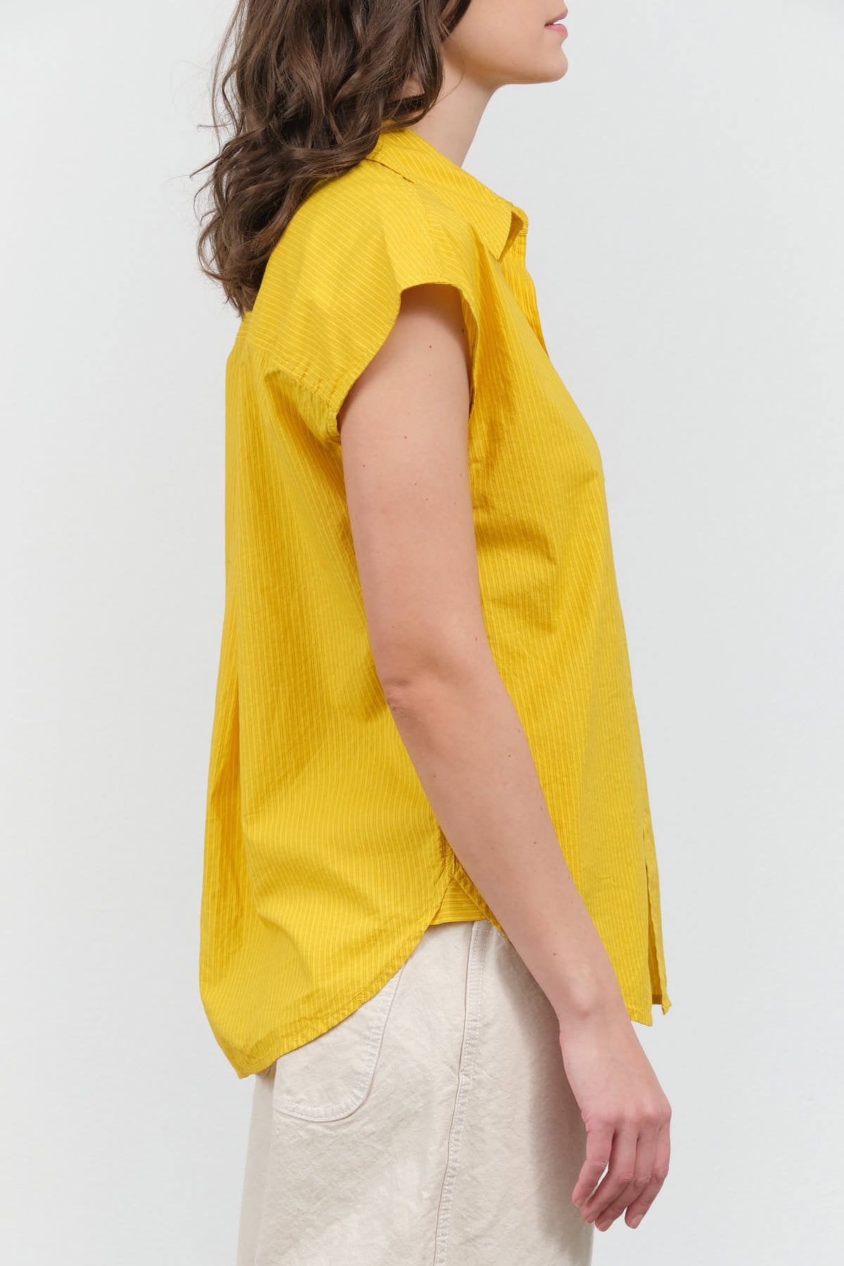 Side view of Ruth Sleeveless Shirt in Lemon