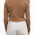 Long Sleeve Cropped Sassy Henley in Walnut Brown by Amo Denim Designer Brand