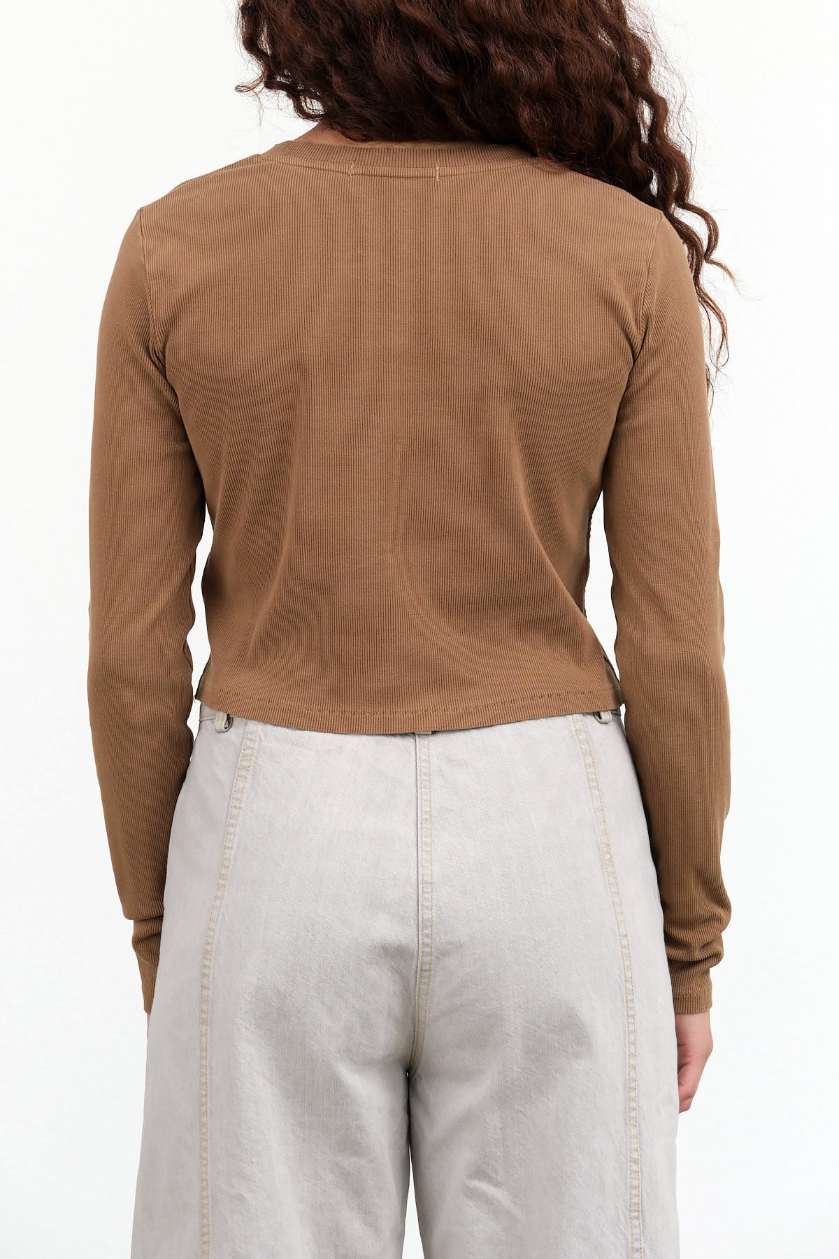 Long Sleeve Cropped Sassy Henley in Walnut Brown by Amo Denim Designer Brand