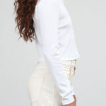 Amo Denim Designer Long Sleeve Ribbed Fitted Sassy Henley in White