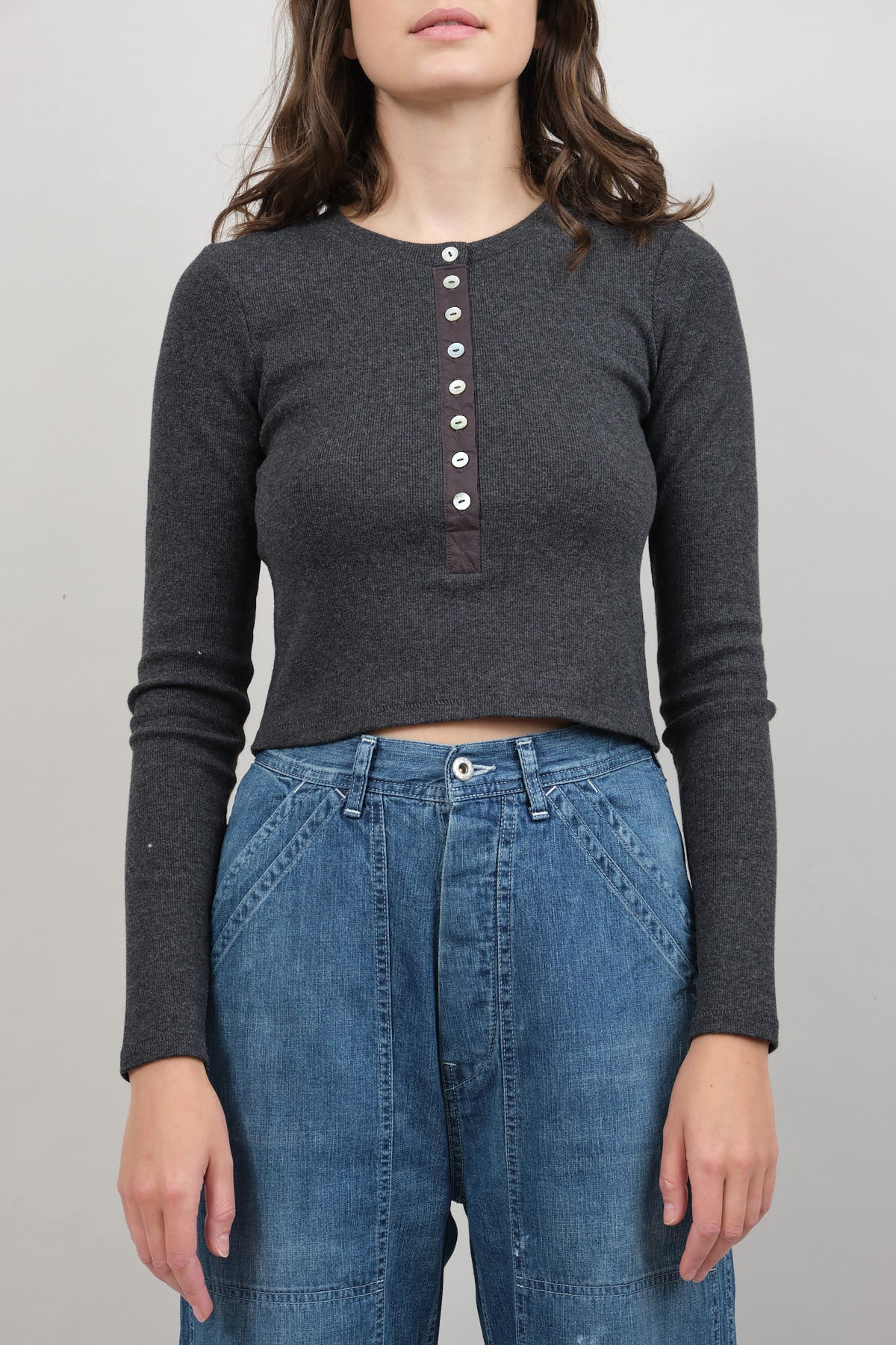 Front of Sassy Rib Henley Top in Black Heather