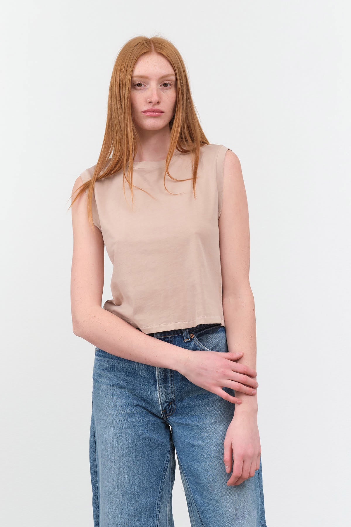 Styled Sleeveless Babe Tee in Taupe
