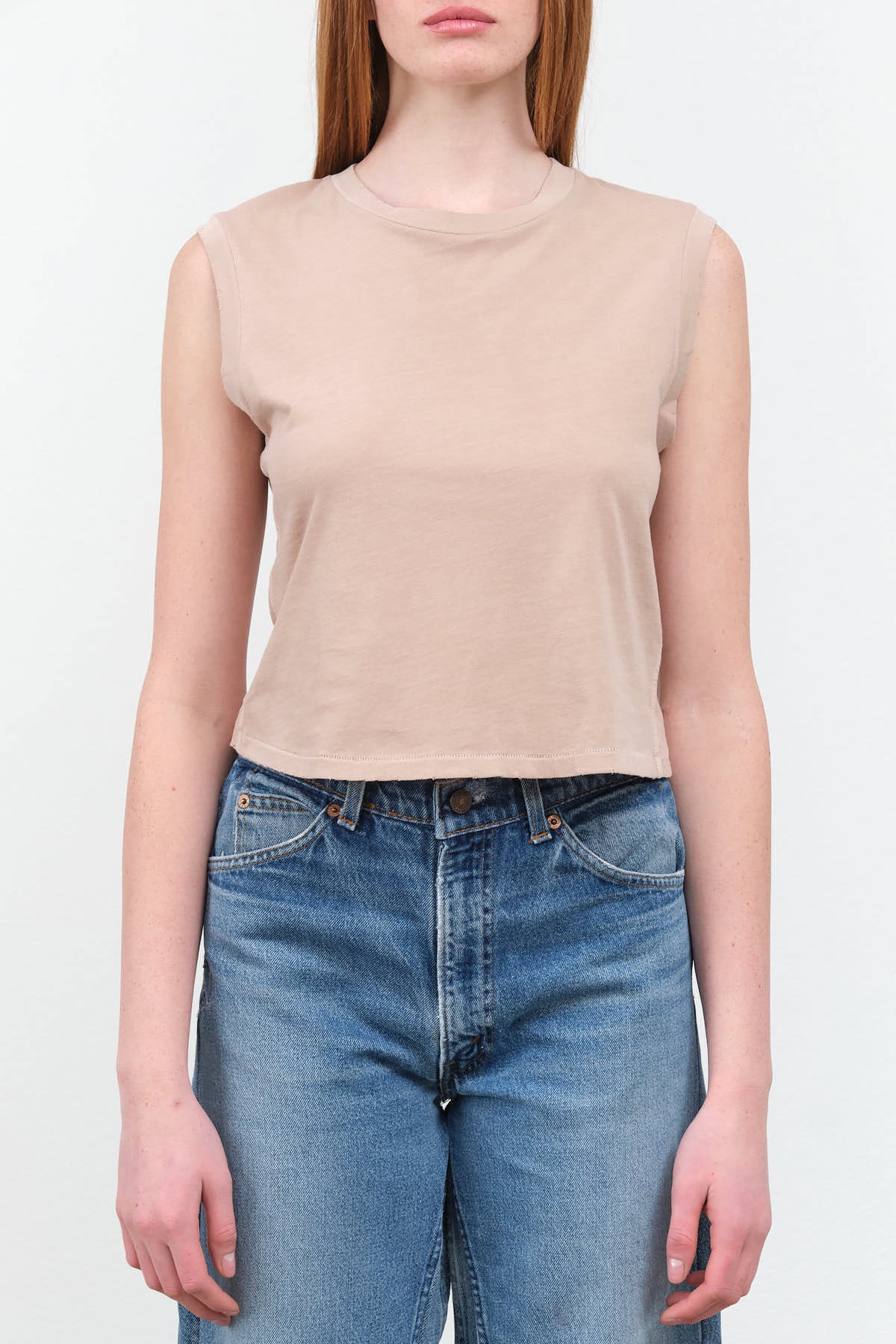 Front view of Sleeveless Babe Tee in Taupe