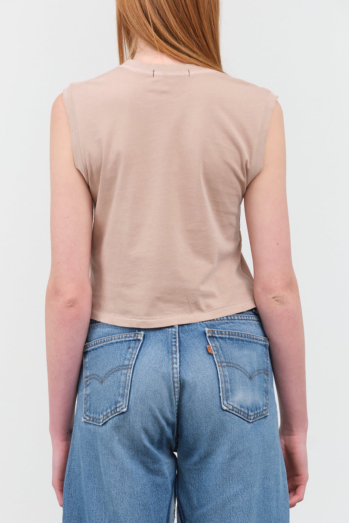 Back view of Sleeveless Babe Tee in Taupe