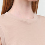 Collar view of Sleeveless Babe Tee in Taupe