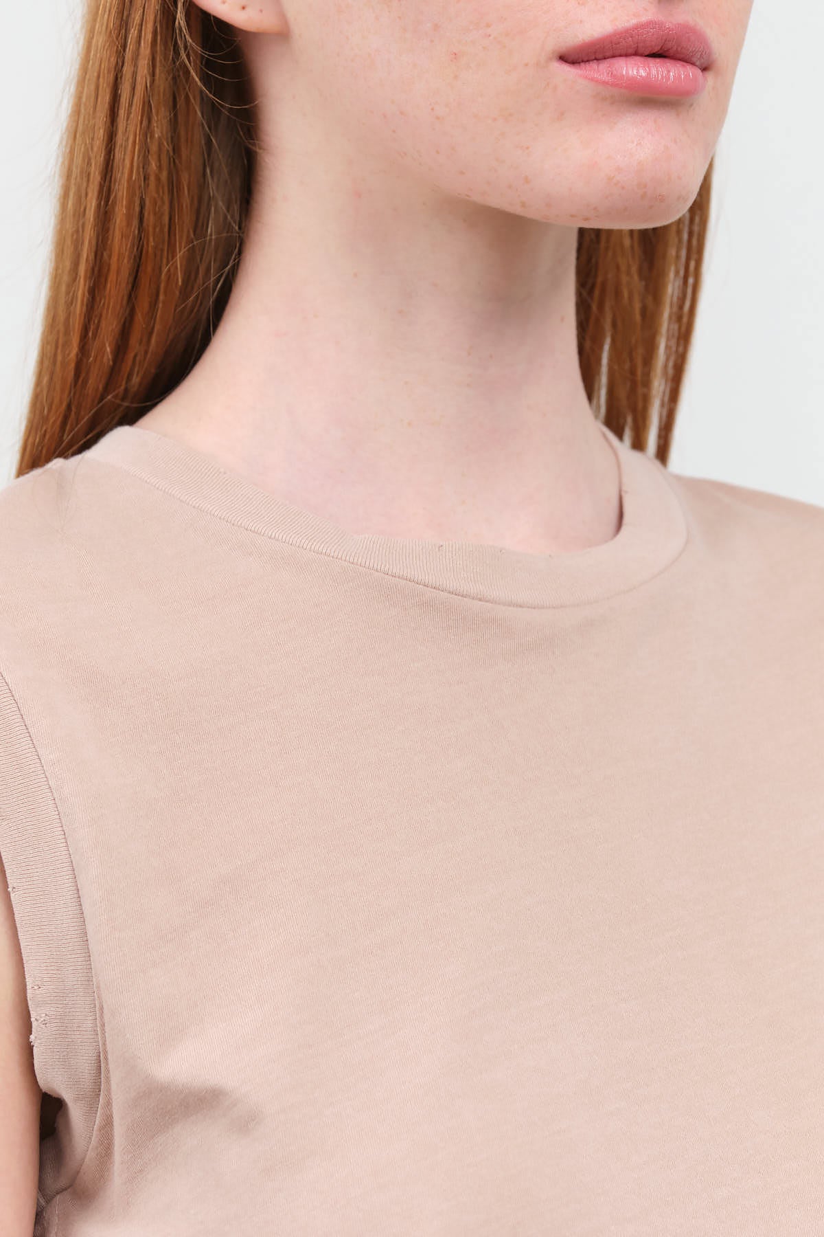 Collar view of Sleeveless Babe Tee in Taupe