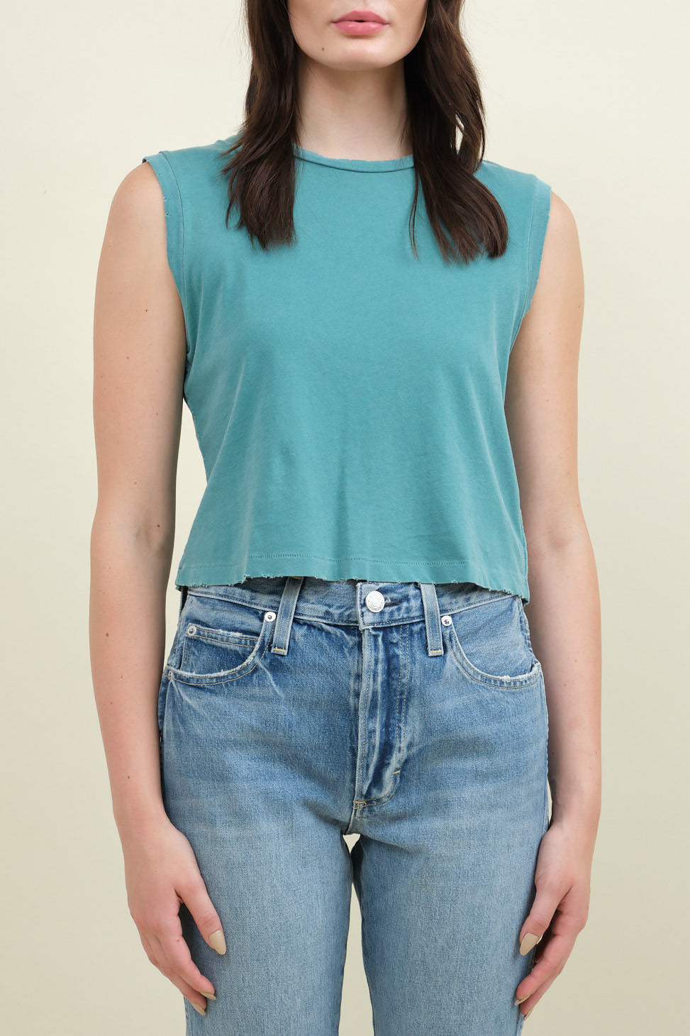 Front of Sleeveless Babe Tee in Teal