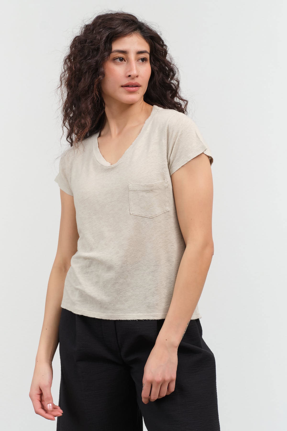 Styled view of Sweetness V-Neck Tee in Pumice