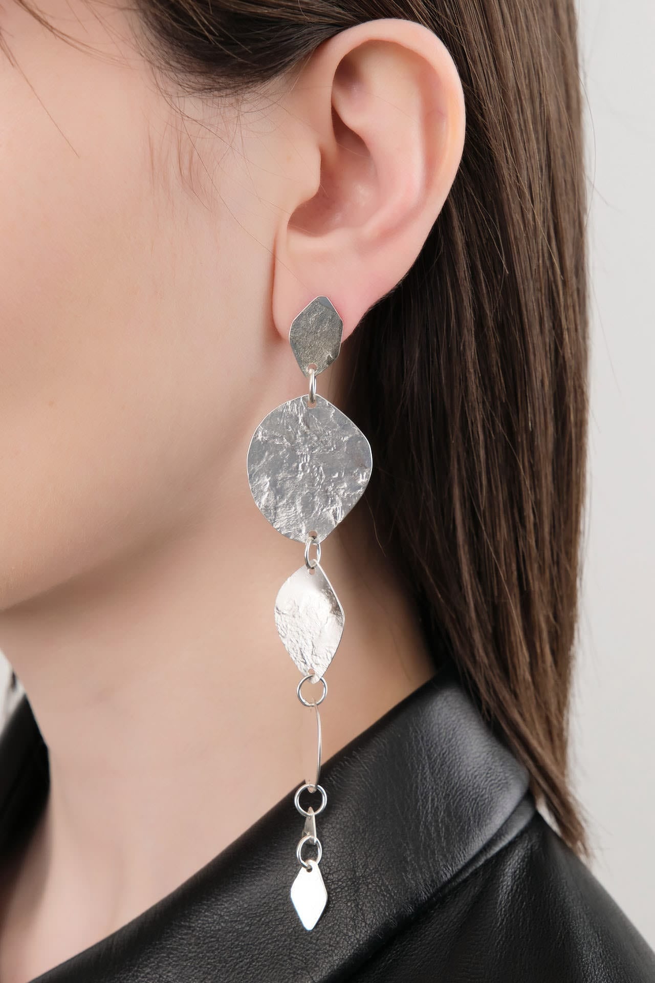 Annie Costello Brown Jewelry Earrings Asymmetrical Stacked Coins Earrings Sterling Silver / 4.75" L