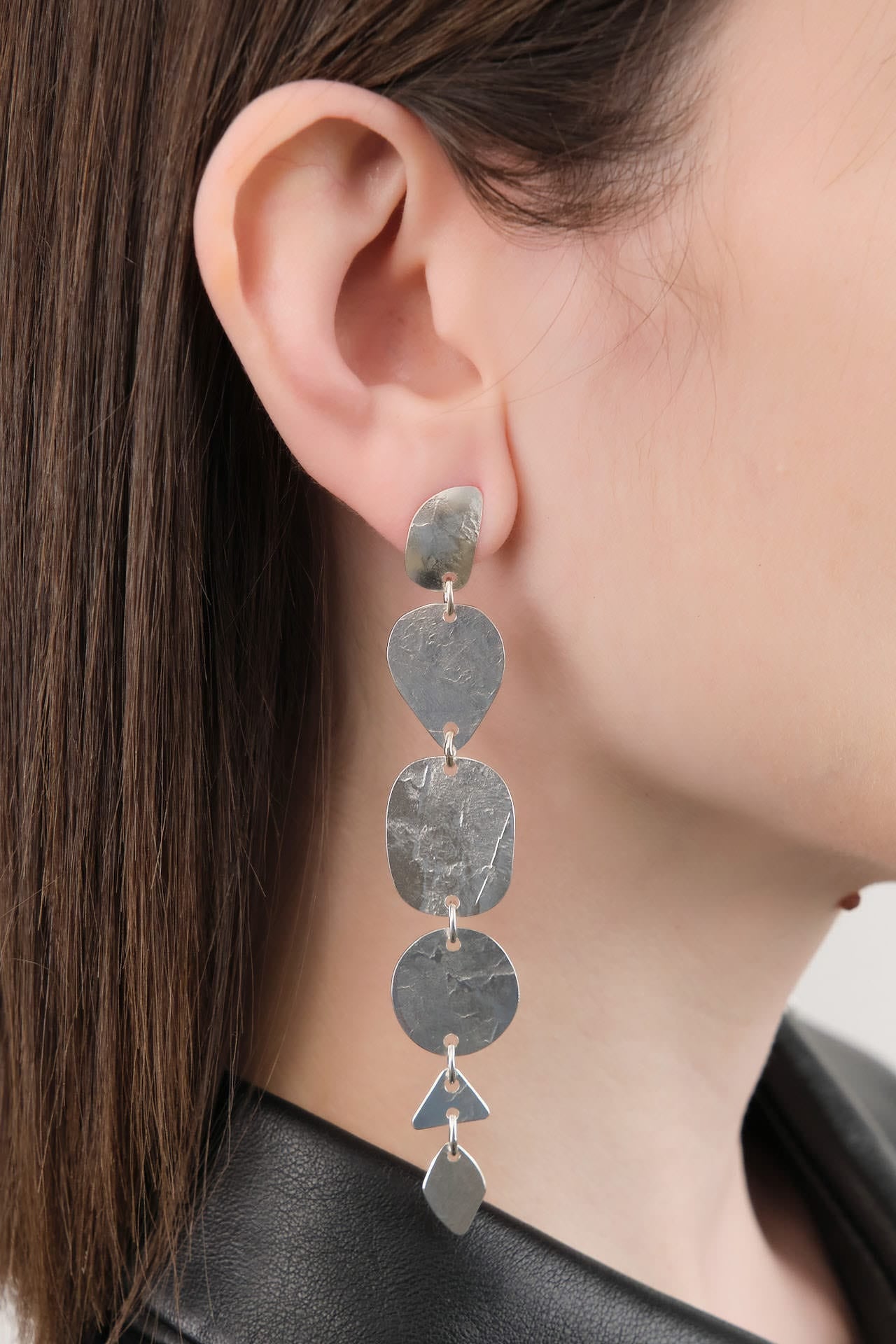 Annie Costello Brown Jewelry Earrings Asymmetrical Stacked Coins Earrings Sterling Silver / 4.75" L