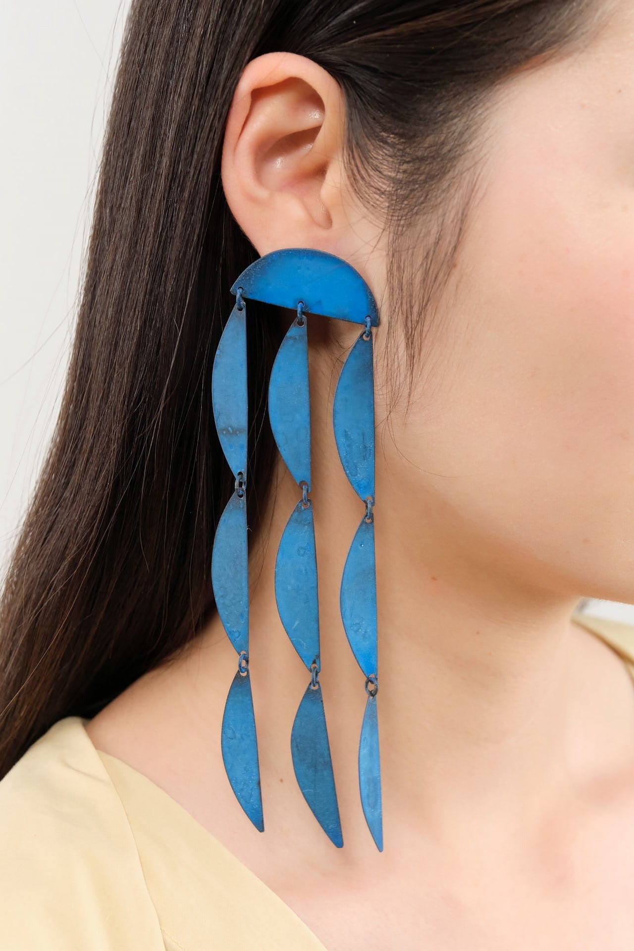 Annie Costello Brown Jewelry Earrings Rain Blue Earrings Blue Patina Brass / 5.75"