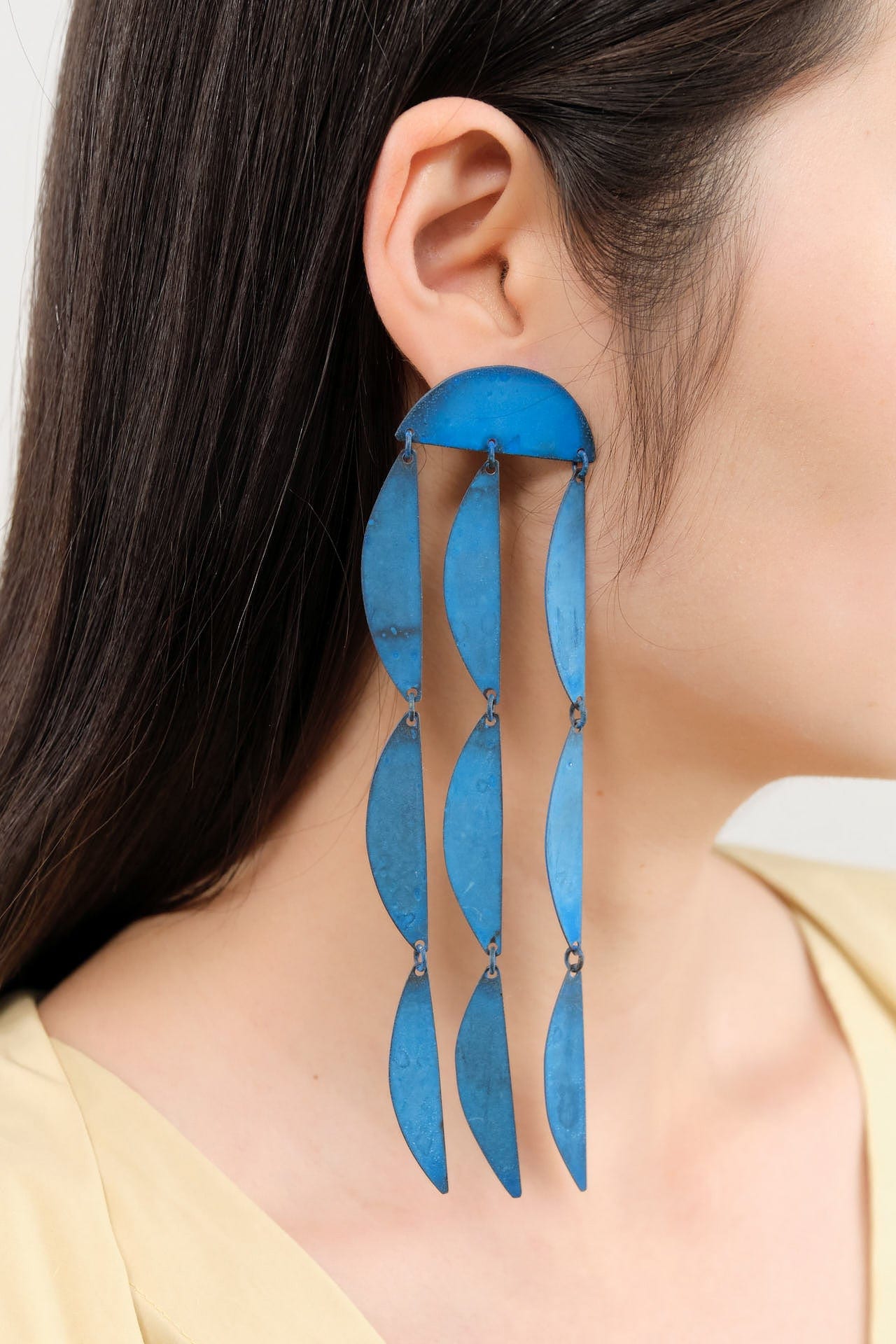 Annie Costello Brown Jewelry Earrings Rain Blue Earrings Blue Patina Brass / 5.75"