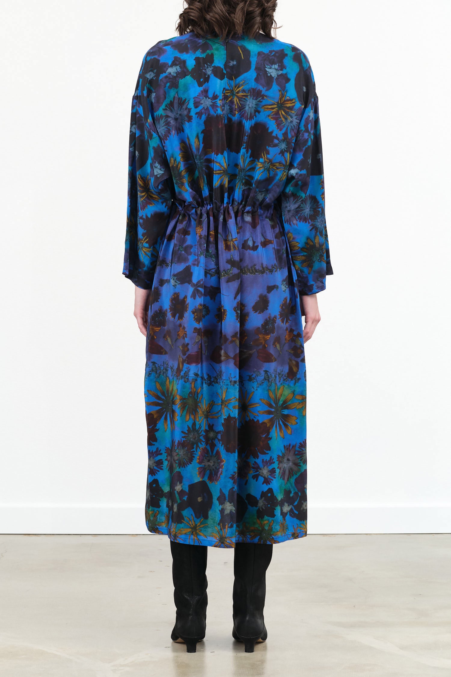 Print E Blue Simple Long Sleeve Midi Dress with Tie Waist by Anntian Designer Brand 